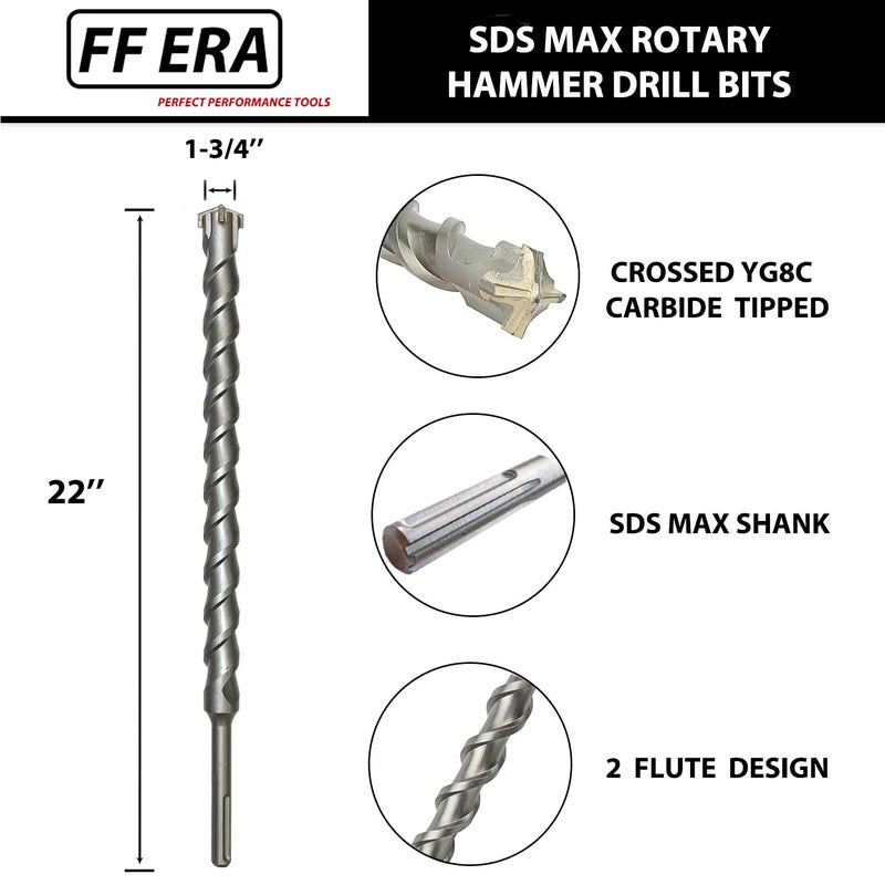 FF ERA 1-3/4 Inch x 22 Inch SDS MAX Rotary Hammer Drill Bit – U-Flute - Masonry Drill Bits with Carbide Tipped for Brick, Stone, Concrete – SDS MAX Divers ONLY (1-3/4''x22'') - Image 2